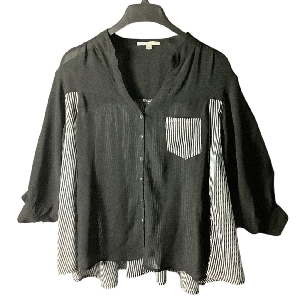 Cecico Black Blouse Striped Mixed Media V-Neck Button Up Shirt Top Women Size L‎